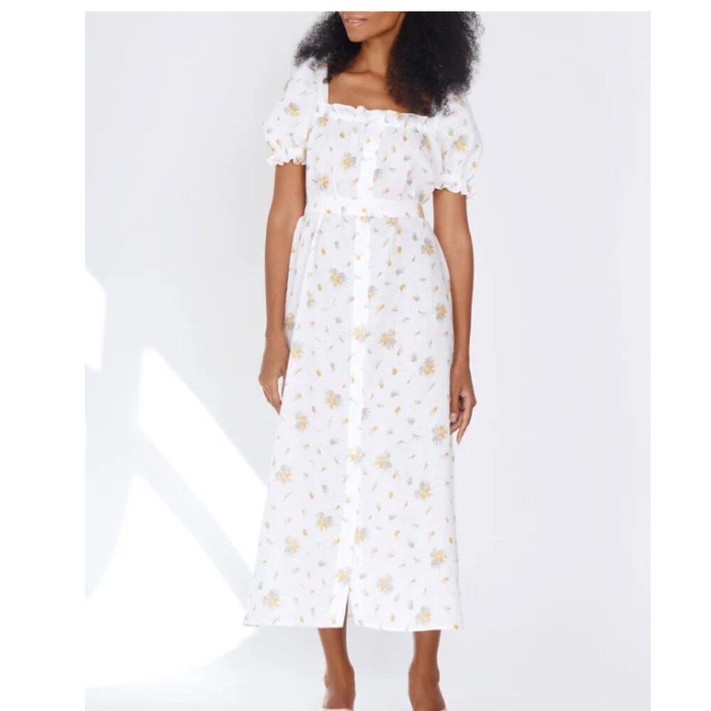 Sleeper Brigitte Linen Floral Midi Dress Mimosa Puff Sleeve Ivory Yellow Small - Picture 4 of 9